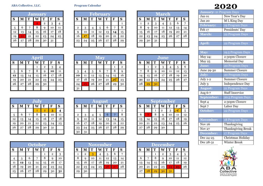 Program Calendar ABA Collective ABA therapy in New Jersey North
